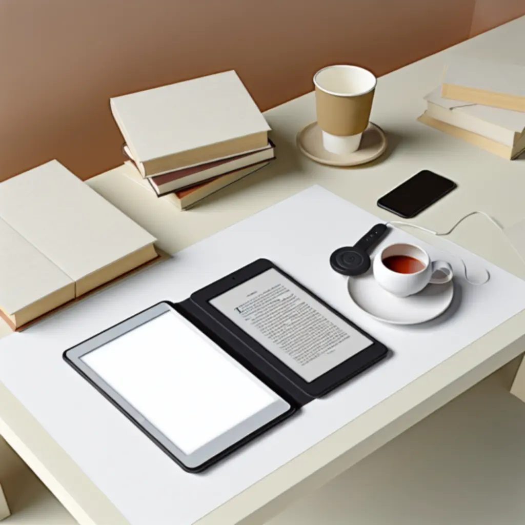 Czytnik e-booków i telefon z audiobookiem na stoliku obok filiżanki kawy