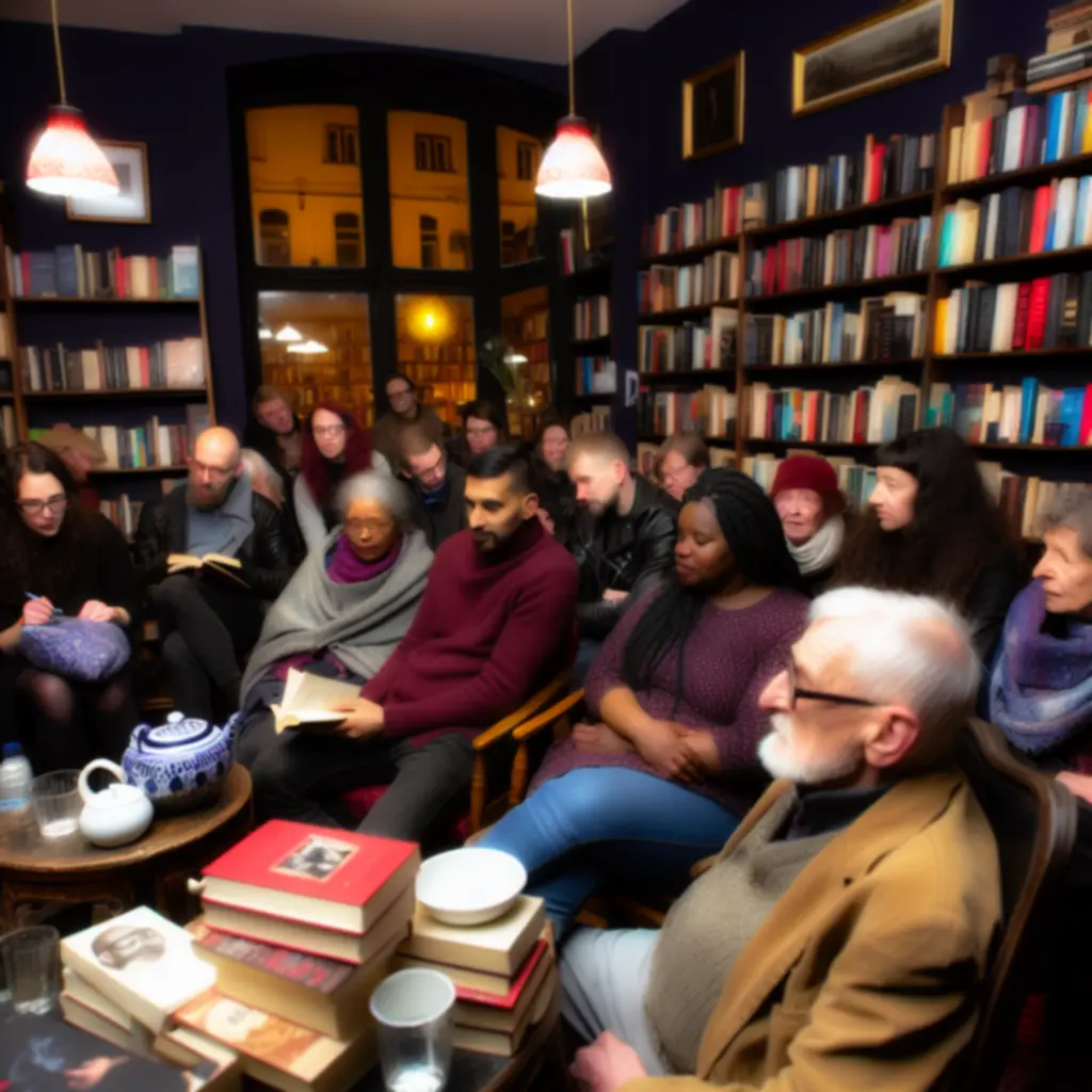 Wydarzenie w księgarni z czytelnikami zgromadzonymi wokół półek z książkami