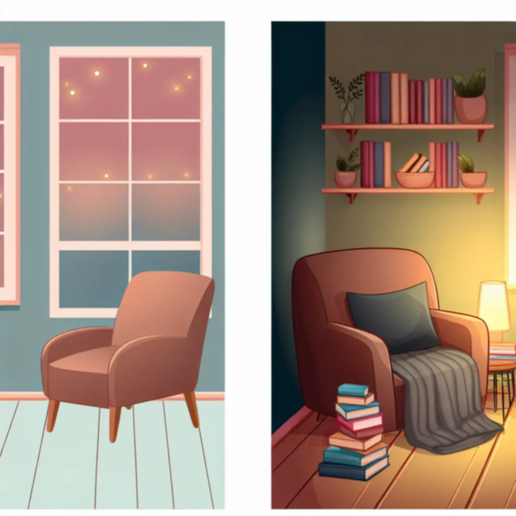 Przytulny kącik do czytania z książkami i ciepłym oświetleniem.
