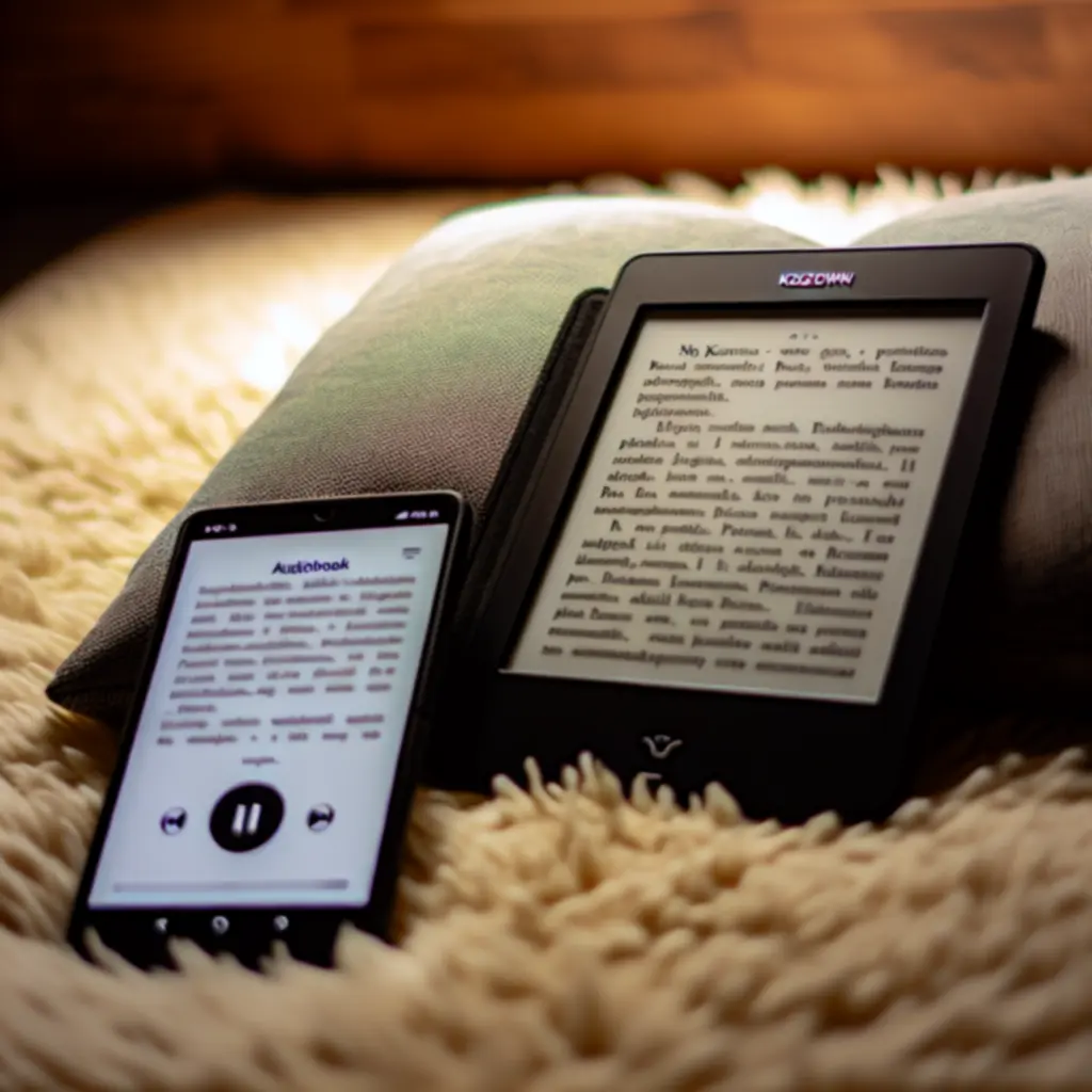 Czytnik e-booków i słuchawki na tle stosu książek, symbolizujące nowoczesne czytanie cyfrowe