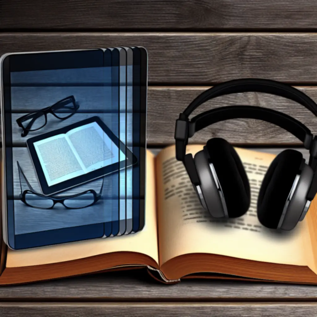 Tablet i słuchawki spoczywające na klasycznej książce.