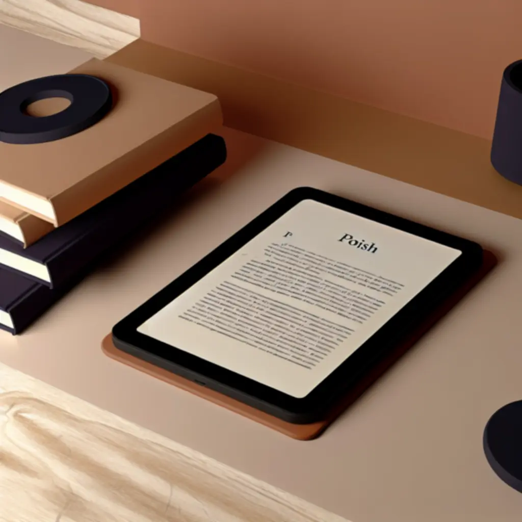 Nowoczesny czytnik z biblioteką ebooków na tle półki z książkami