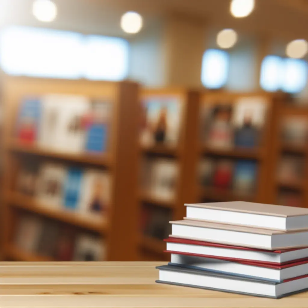 Stos elegancko ułożonych książek w ciepłym świetle.