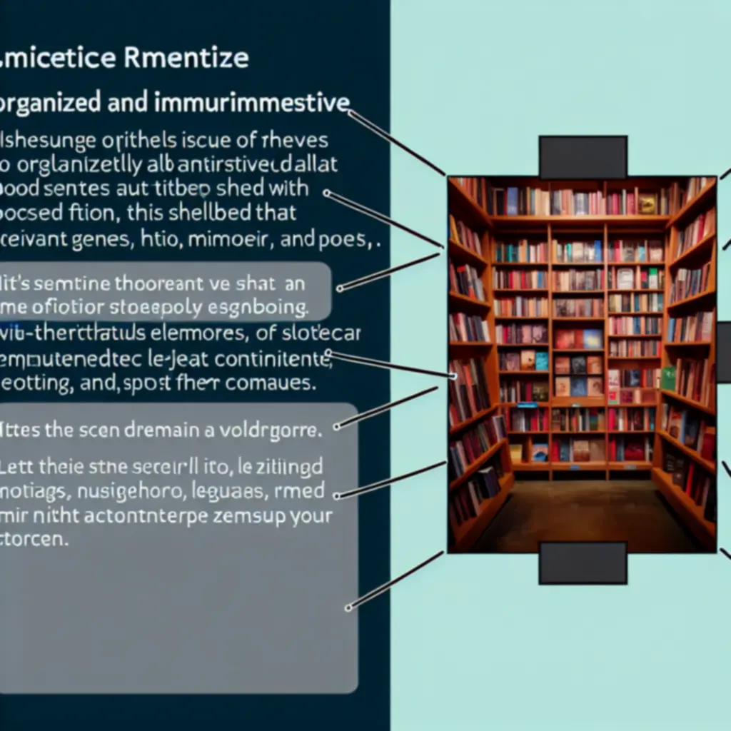 Półki z książkami ułożonymi według gatunków w eleganckiej księgarni.