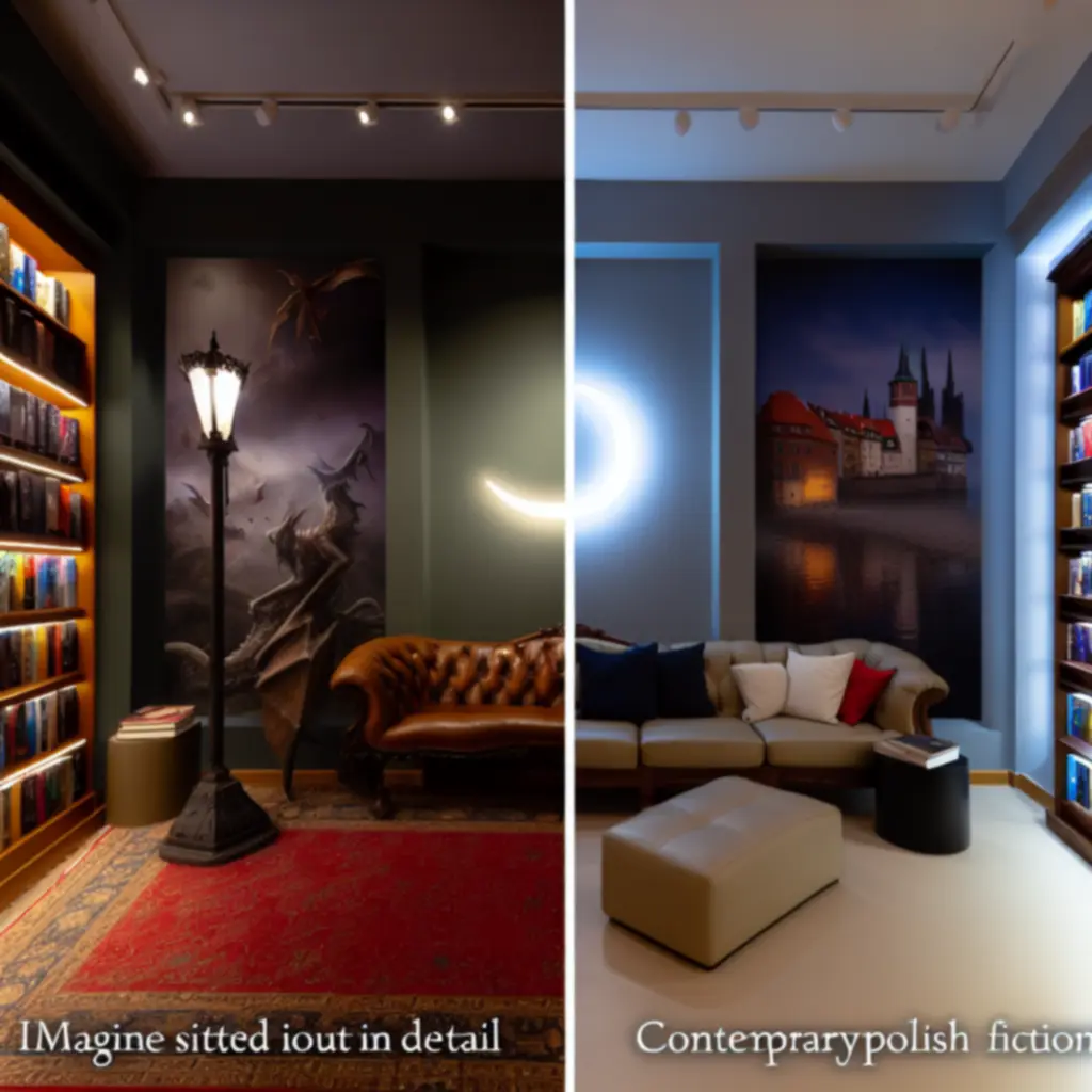 Zbliżenie na półki z książkami podkreślone światłem, tworzące nastrojową, gatunkową aranżację