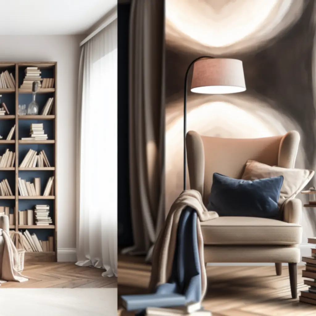 Przytulna przestrzeń do czytania w BookHaven z półkami pełnymi książek.