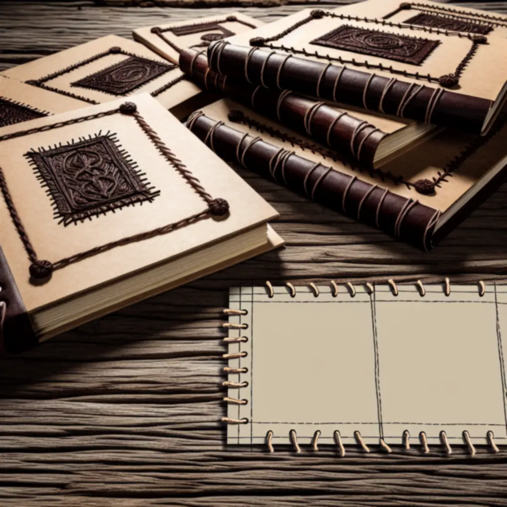 Ręcznie oprawiane książki ułożone na rustykalnym stole.