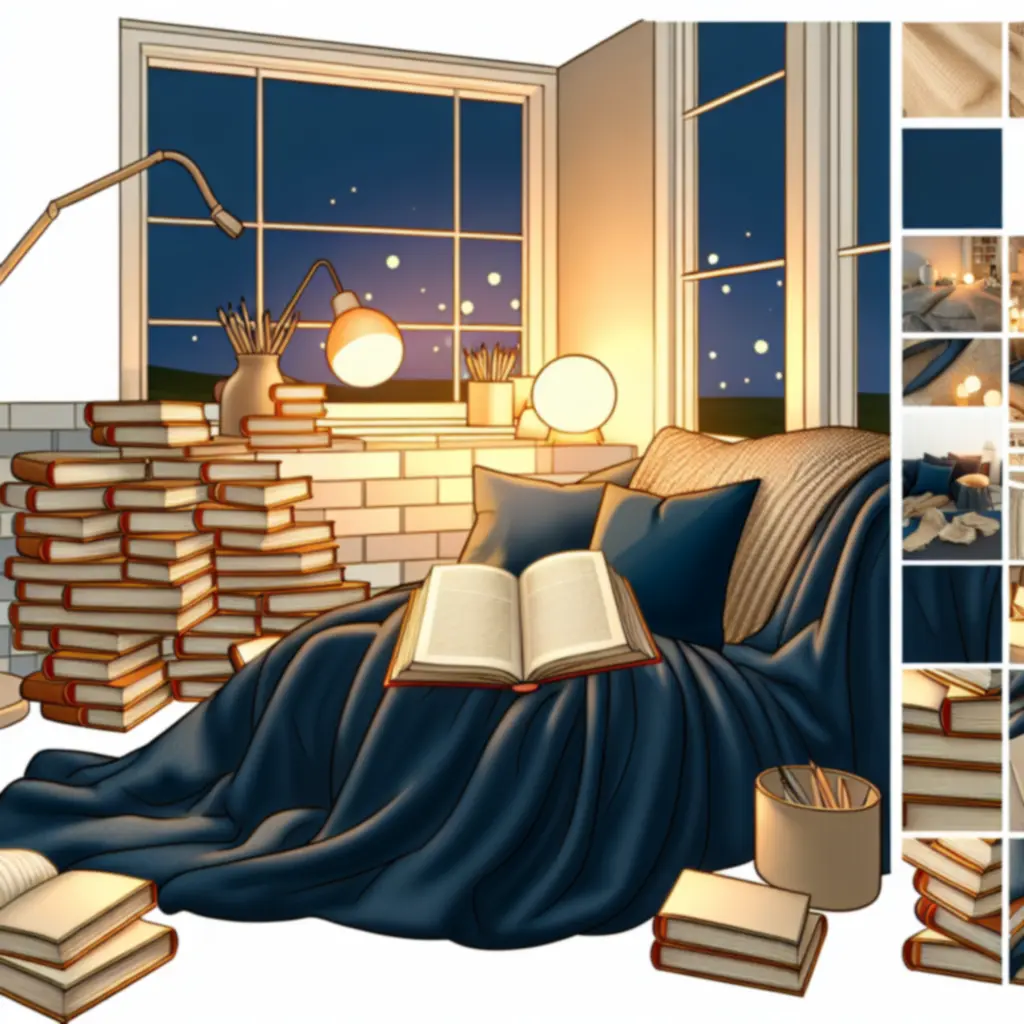 Intymna przestrzeń do czytania z wygodnym fotelem i książkami w ciepłym świetle wieczoru