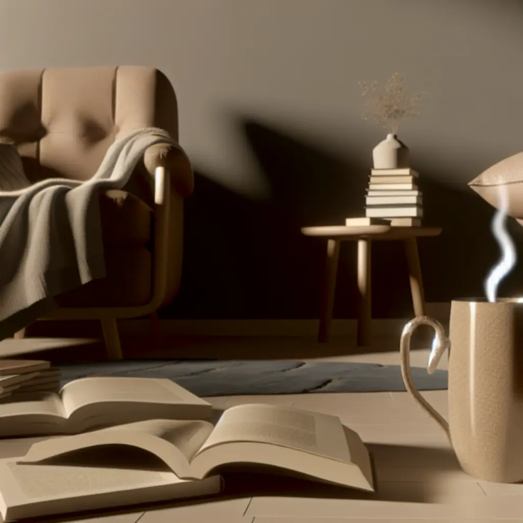 Przytulny kącik do czytania z miękkim fotelem i półkami pełnymi książek