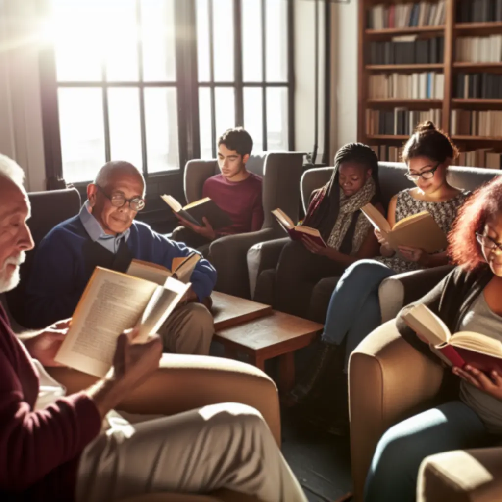 Ludzie czytający razem w nasłonecznionym salonie.