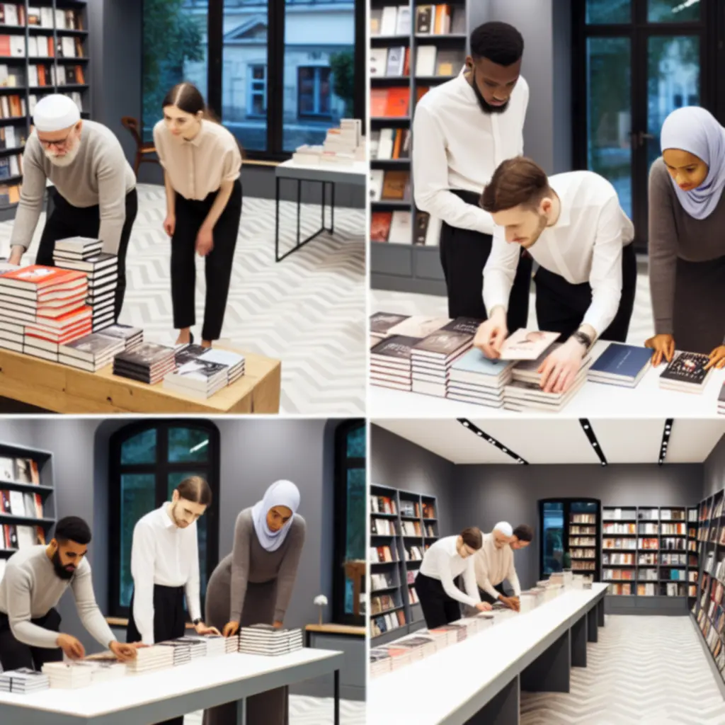 Zespół księgarni wybierający i układający książki na półkach