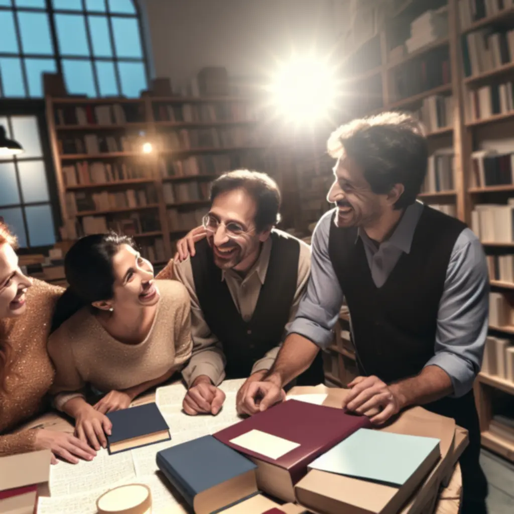 Zespół BookHaven podczas spotkania redakcyjnego przy stole pełnym książek